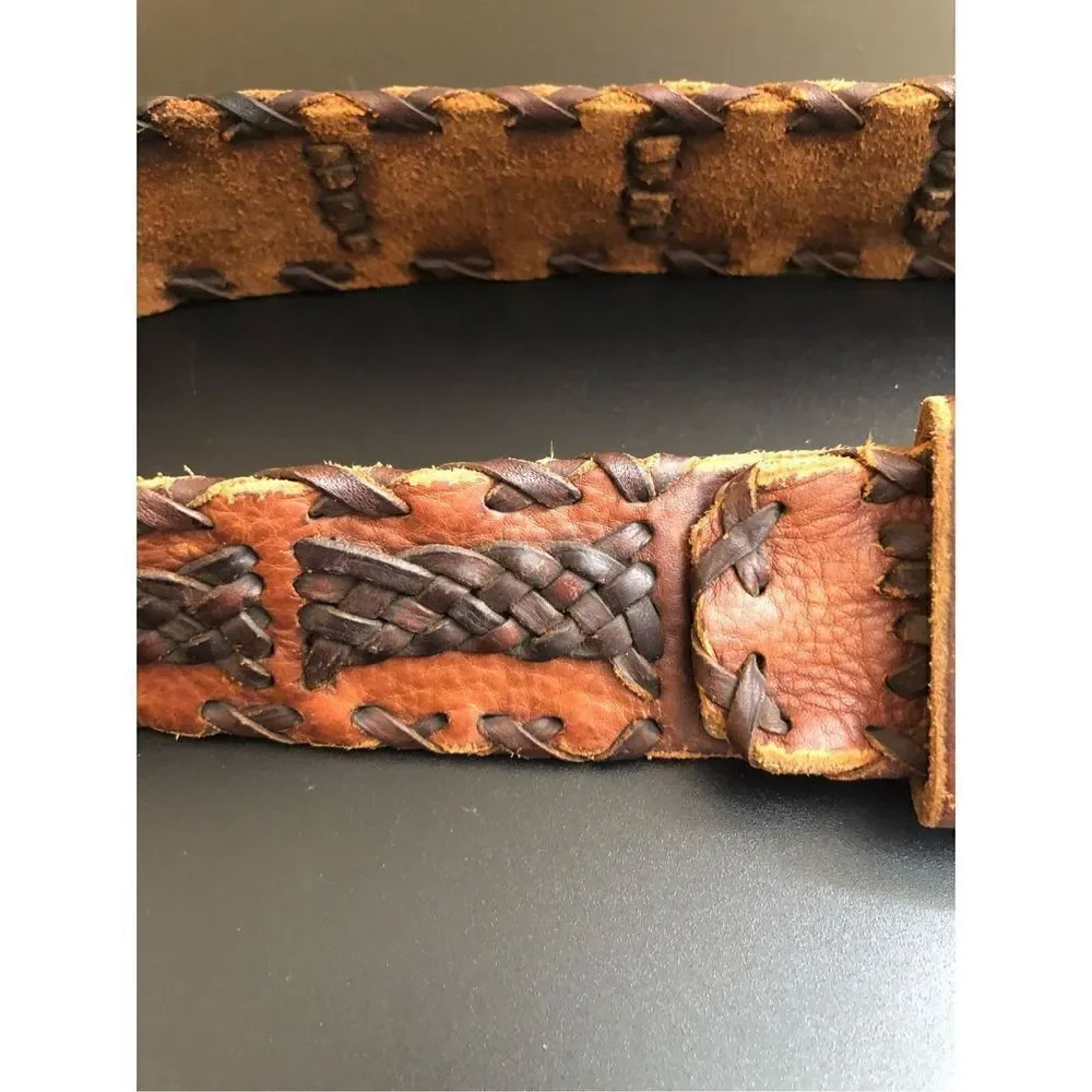 Handmade western Size M Leather Woven Belt Wood Buckle Made in Mexico